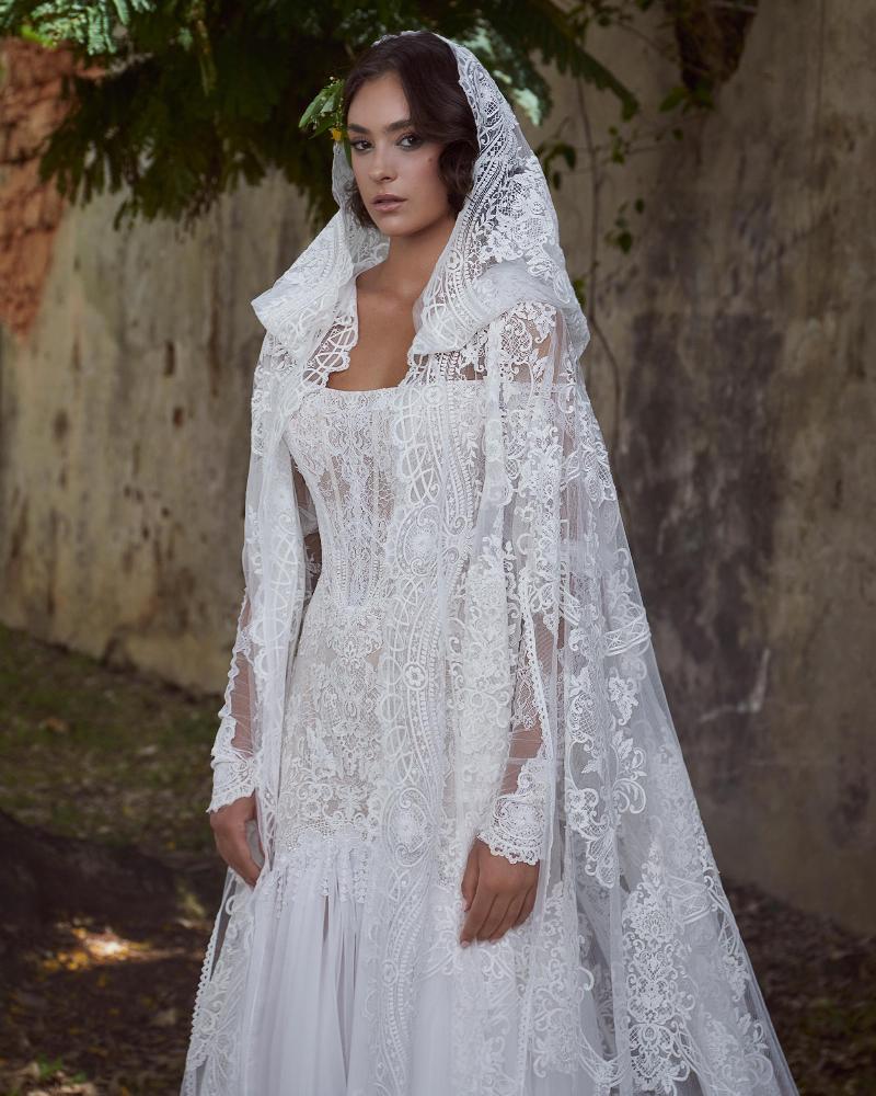 Lp2308 long sleeve off the shoulder boho wedding dress with hooded cape3